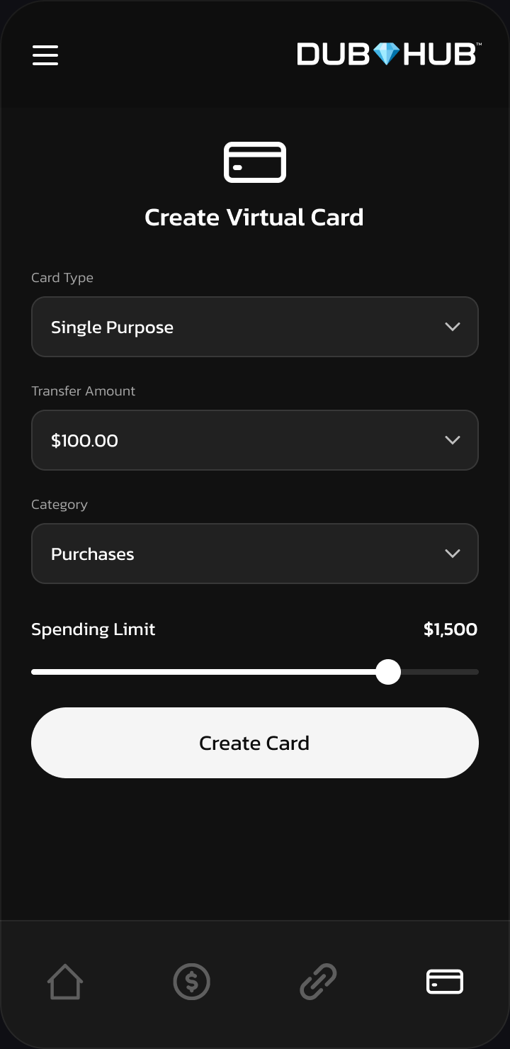 Virtual Cards create form with card type, transfer amount, category, and spending limit